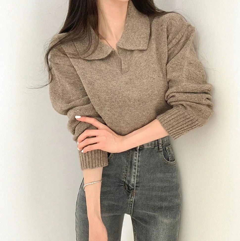 スキッパーカラーニット・p456403 レディース 【tops】トップス ニット 長袖 襟 えり ポロ襟 単色 無地 シンプル ベーシック スキッパー 秋 冬 カジュアル ラフ ドロップショルダー 韓