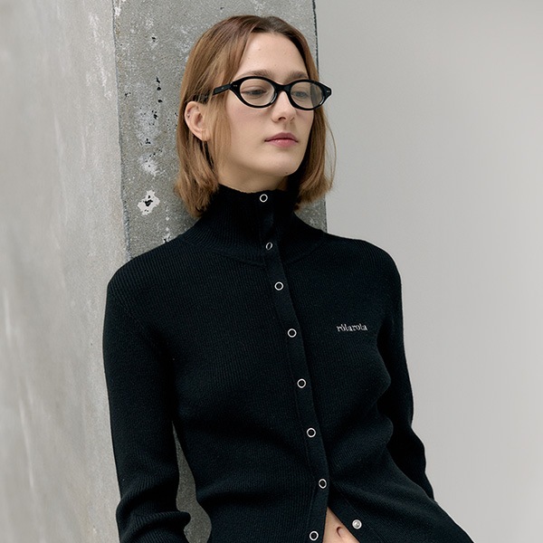 HIGH NECK FRILL KNIT CARDIGAN BLACK