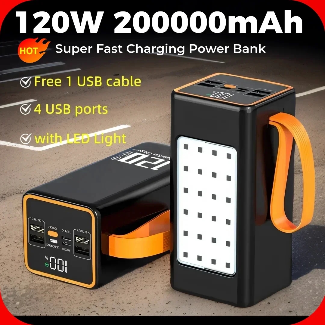 超急速充電パワーバンク,200000mah,120w,iPhone, Xiaomi,ラップトップ用のポータブル外部バッテリー充電器,LEDライト,新品 - 509