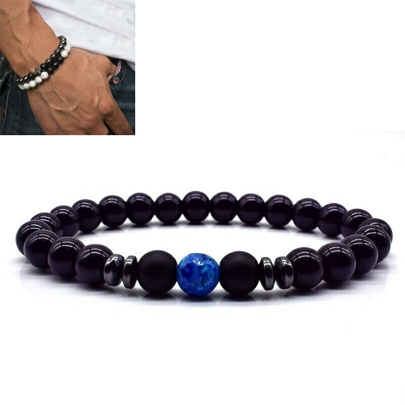 8mm 天然石風 ブラックアゲートヘマタイトビーズストーンブレスレット（ラピスブルー）1個 青い石 アクセサリー 黒色 数珠 手首 フリーサイズ 伸縮 プレゼント 男性 女性 stb00-00-025