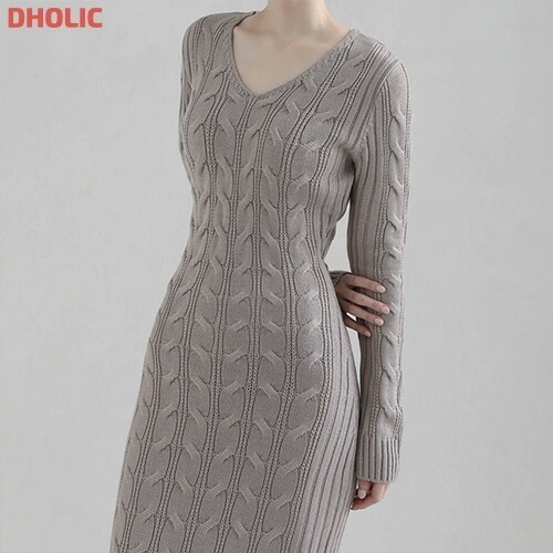 [メガ割りSALE]Vネックケーブルニットワンピース
