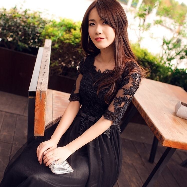 1942.シースルーレースロングドレス（ブラック）2019 春夏 sale ワンピース 花柄 フレア Uネック 七分丈 エレガント お呼ばれ パーティー 結婚式 披露宴 女子会 レストラン デート