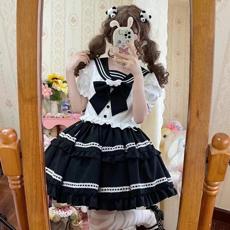 コスプレ セットアップ トップス セクシー スカート ワンピース 【最安値に挑戦】リトルマリンロリータ洋装ネイビーネック jk 半袖OP