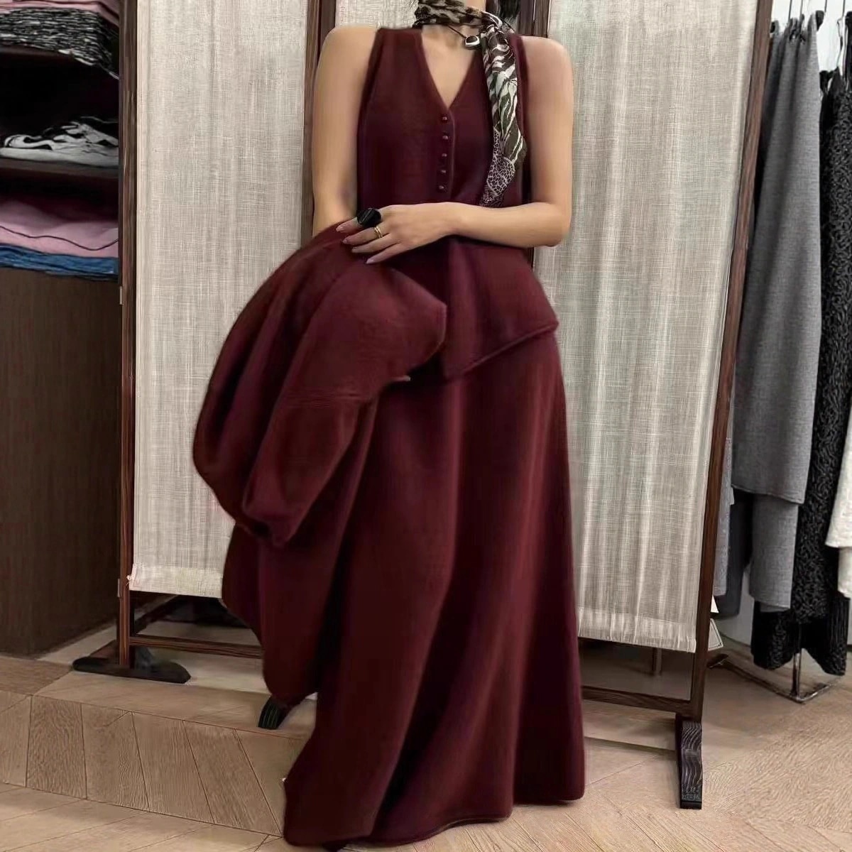 カジュアルニットスーツレディース秋冬ロングカーディガンジャケットVネックカーディガンベスト半身スカート3点セットセットアップ