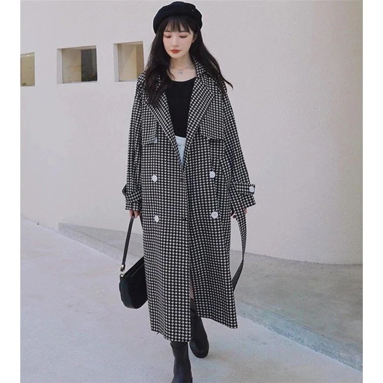 トレンチコートレディースロングコートコートアウター千鳥柄チェスター秋物春コート通勤30%までに制限
