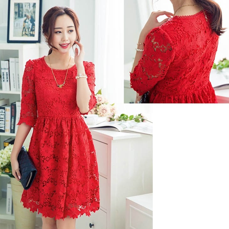 結婚式 ミニ ドレス 赤 M 即納 総 レース 五分袖 袖あり ワンピース LSFS-11201 8,041円