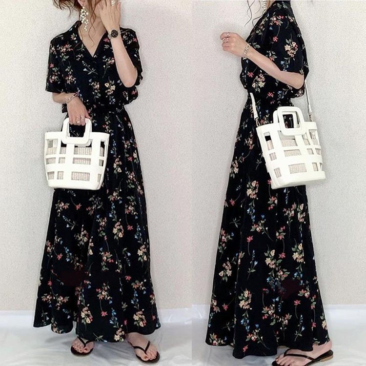 花柄ワンピース レディース ワンピース キレイめ マキシワンピース 夏 半袖 シフォンワンピ 花柄 ロング丈ワンピ オシャレ Vネックワンピース 通勤 着痩せ 上品 母の日ギフト 黒ワンピース 夏 マ