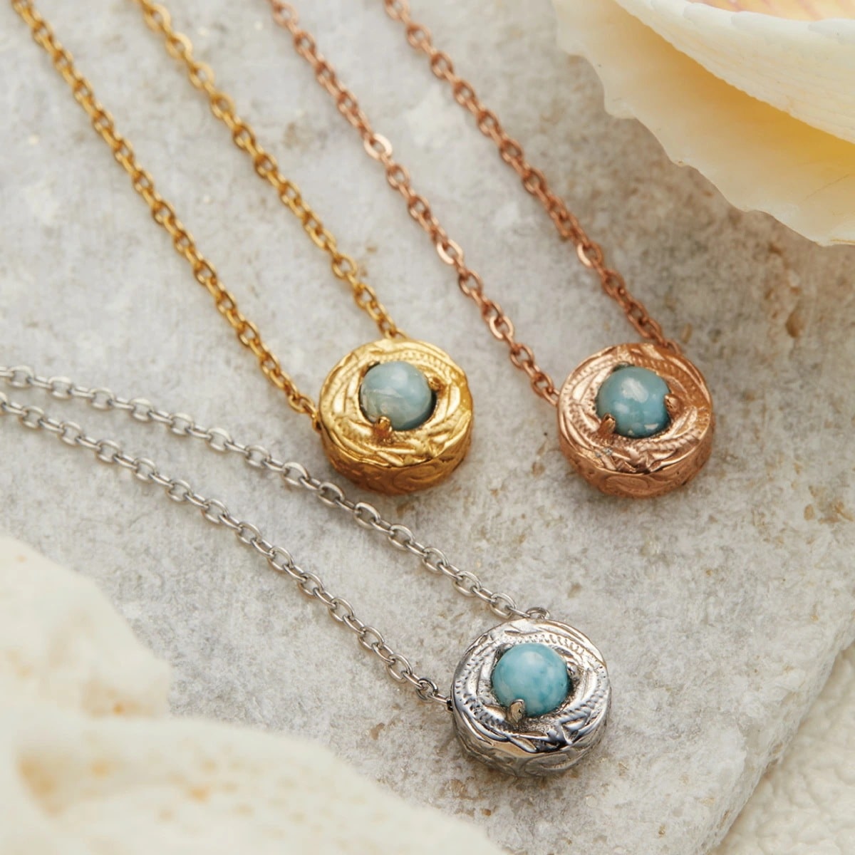 ネックレス レディース サージカルステンレス316L ハワイアンジュエリー ラリマー 天然石 丸型