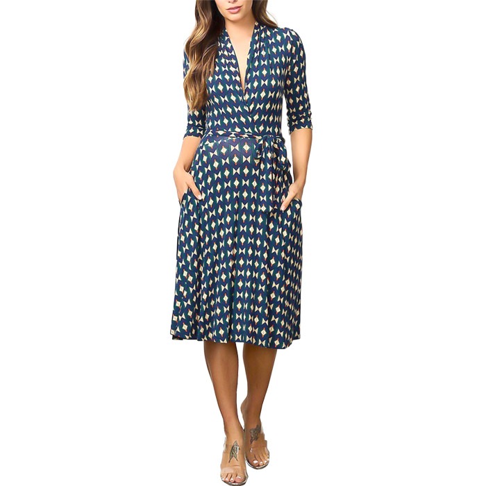 ワンピース 膝丈 5分袖 体形カバー ゆったり Vネック フレア LAインポート ダマスク ラップ レトロ お出かけ S.M.L ネイビーブルー FROM USA DS240317LA007