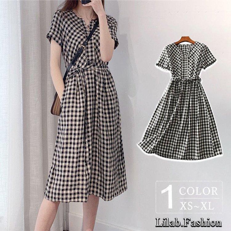 ワンピース ミモレ丈 半袖 レディース 大人 春 夏 ハニーズ ロング チェック柄 マキシ丈 ドレス シンプル きれいめ ロングワンピース 体型カバー