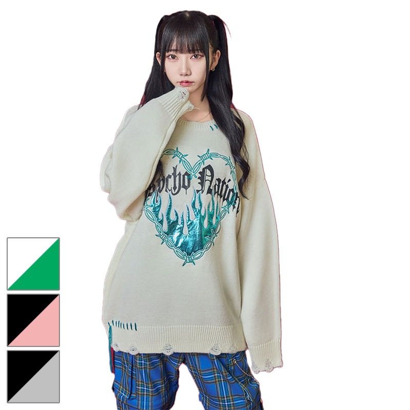 【MLサイズ/3カラー】ファイヤーハートモチーフ ハンドステッチ ダメージニット 原宿 メンズ レディース ユニセックス 734801