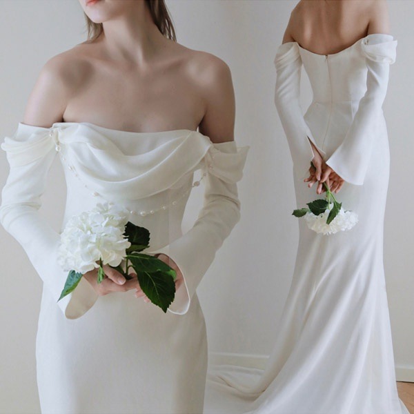 花嫁 ウェディングドレス ファスナー 長袖 肩出し シンプル マーメイドドレス 白ドレス 花嫁 結婚式 二次会 披露宴 前撮り 後撮り 撮影用 ビーチフォト フォト婚 小さいサイズ ドレス ロング ト
