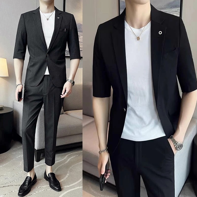 セットアップ 半袖 ジャケット+パンツ ９分丈 スーツセット テーラード ジャケット 1つボタン 涼しい 夏物 通勤 着やせ スリム アウター メンズ サマースーツ カジュアルスーツ 男性 人気 紳士