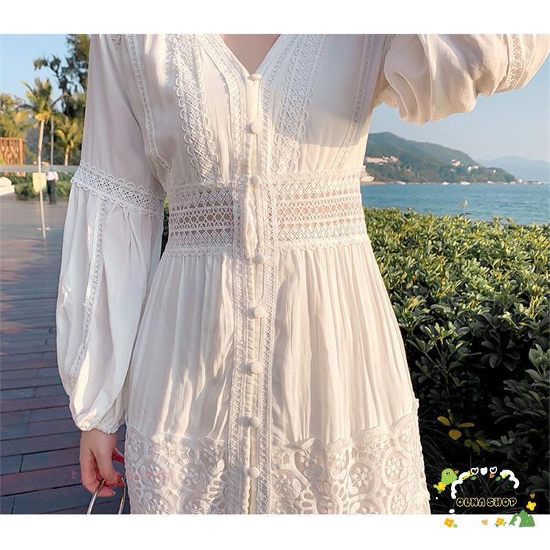 ロングビーチワンピース 白ワンピースレディース リゾート ビーチ ハワイ レース フレア 九分袖 Vネック20代30代40代 夏旅行におすすめ お遊び