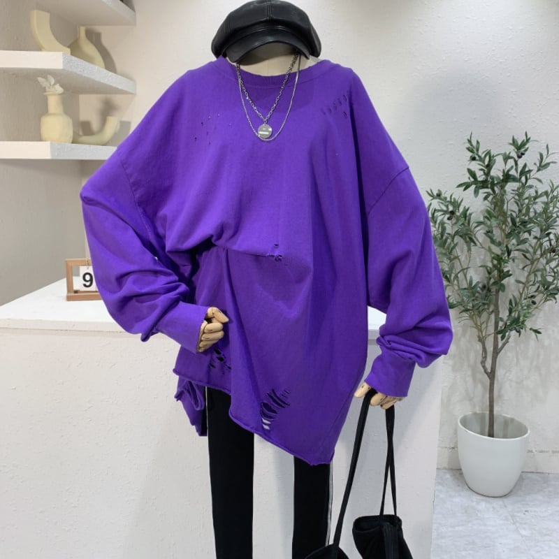 7color レディース トップス 長袖 スウェット ダメージ トレーナー オーバーサイズ