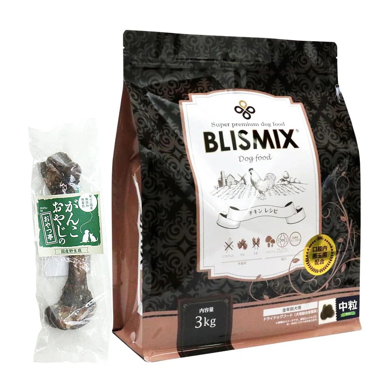 チキンレシピ 中粒 3kg【国産鹿レッグボーン 1本Mサイズ付き】 ドッグフード