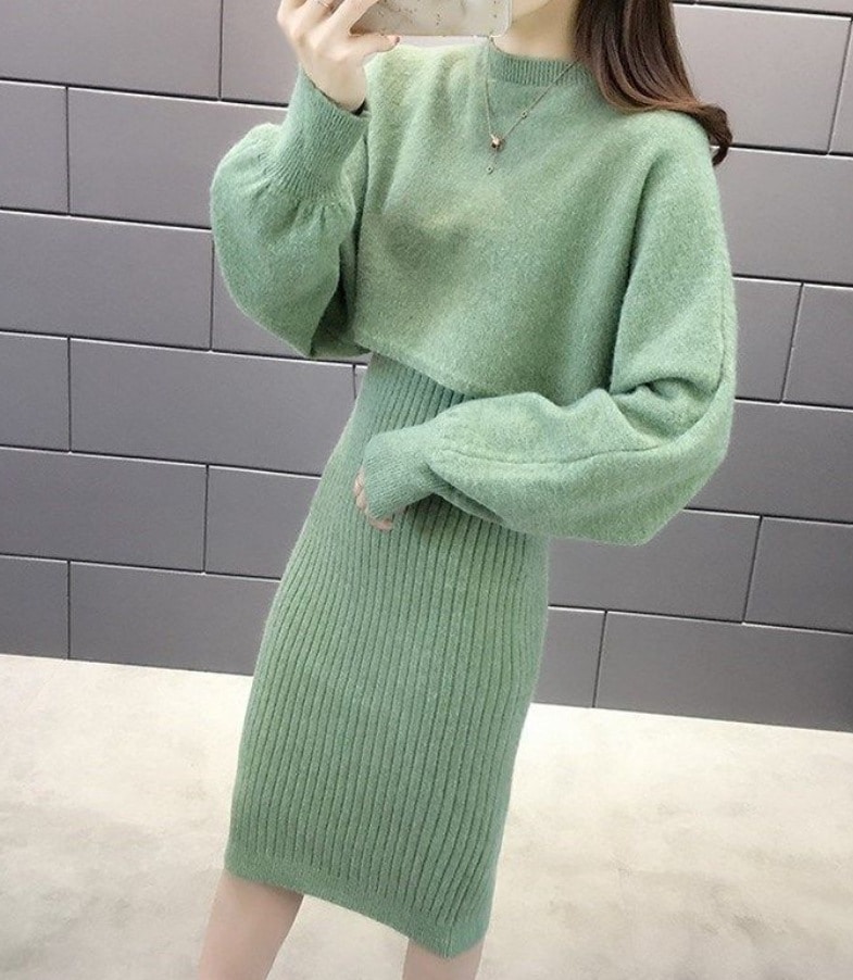 ワンピース デート モテアイテム ツーピースワンピース ニットワンピ ショート丈 長袖 ラウンドネック モコモコ ふわふわ リブニット 可愛い きれいめ 上品 おしゃれ かっこいい 可愛い