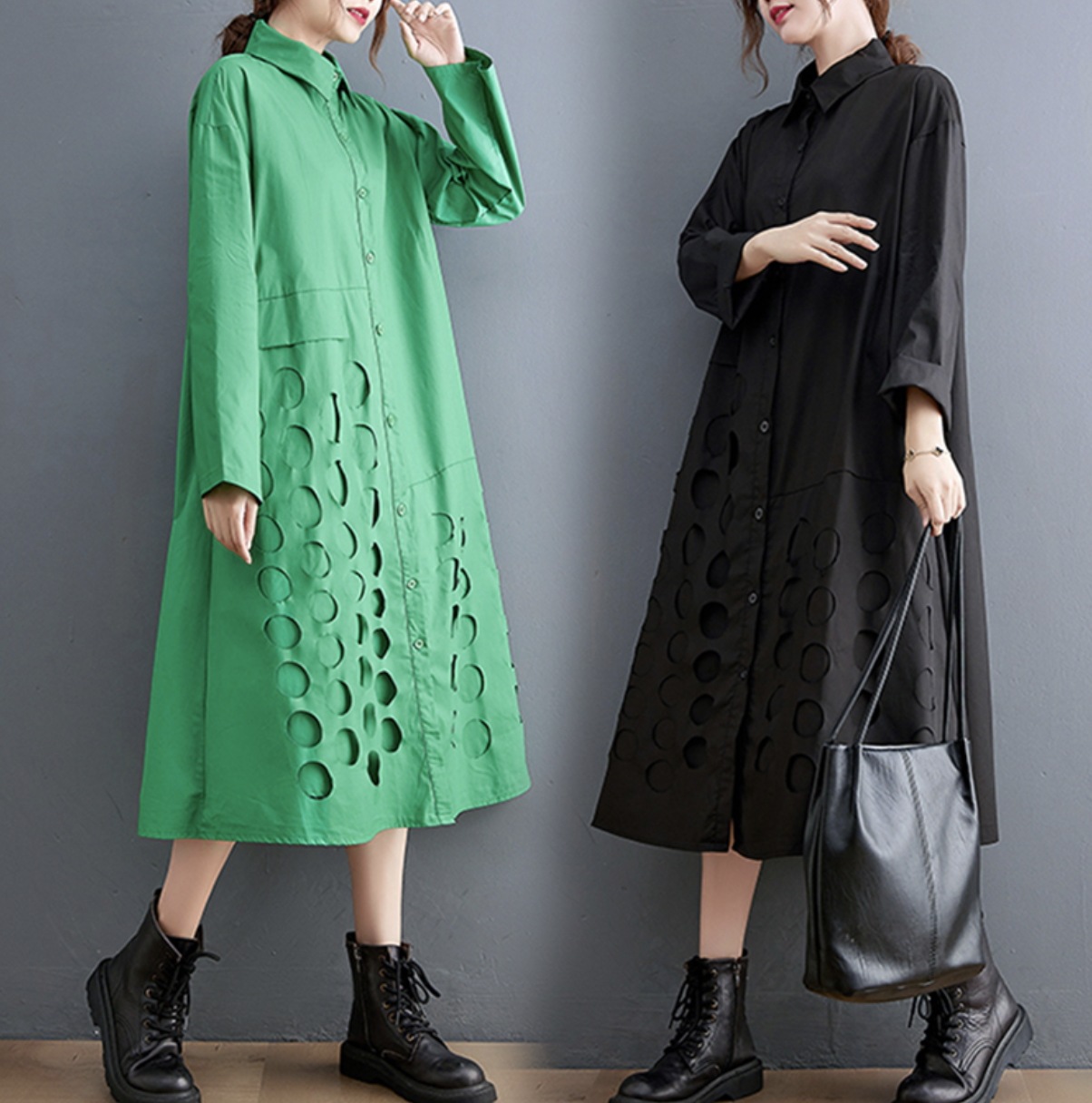 スカート ワンピース ロングスカート シャツワンピース ミディアム丈 ミドル丈 袖あり 長袖 襟付き ポロカラー Aライン 前開き かわいい 大人可愛い きれいめ シンプル カジュアル 大人 上品