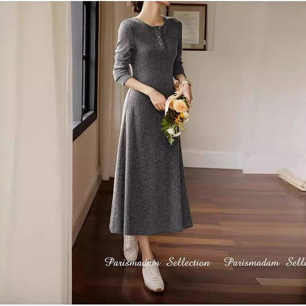 [新発売]グレー長袖ワンピース　ミモレ丈ワンピース　伸縮素材　コットン　ブラウン　前開きSからXXL ほっそり効果大通勤通学20代30代40代50代60代op-2408-11
