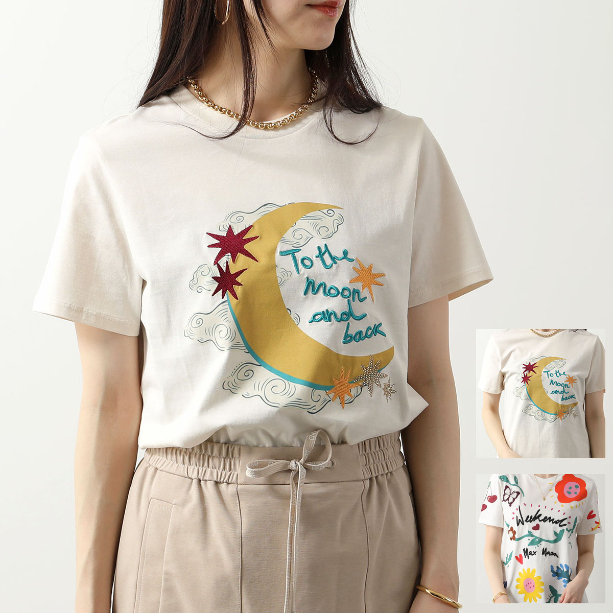 WEEKEND MAX MARA ウィークエンド マックスマーラ 半袖 Tシャツ CINEMA シネマ レディース コットン クルーネック 刺繍 アイコンロゴ カラー2色