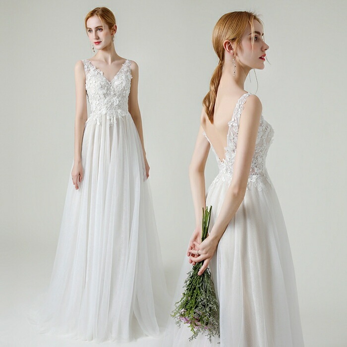 ウエディングドレス 二次会 結婚式 二次会ドレス 海外挙式 Vネック ウェディングドレス ライトドレス 花嫁ドレス ロングドレス 後撮り スレンダードレス ノースリーブ ゲストドレス ブライズ