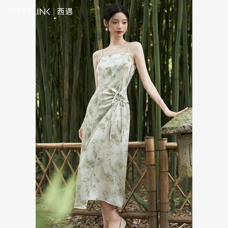 【急速出荷!】国風サテンホルターホルタープリントドレスウエストヒッチングピースドレス