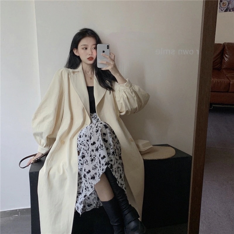 ベルト付き 長袖 トレンチコート アウター コート 上着 ロングコート ミディアム丈 袖あり パフスリーブ Vネック 襟付き ベルト ウエストマーク ウエストリボン ハイウエスト 前開き ポリエステル