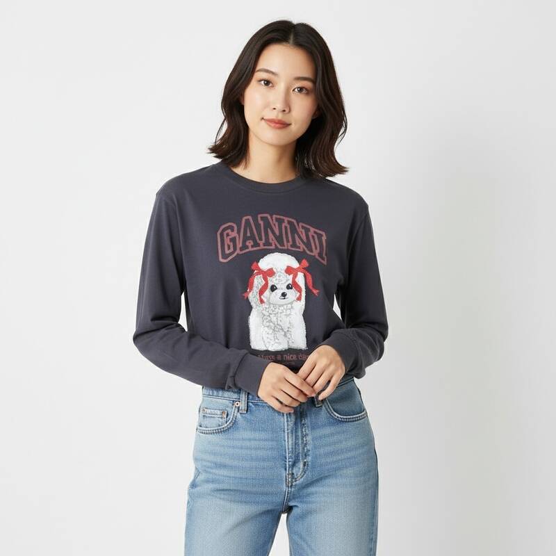 GANNI A1050036 252 プードルロゴ レディース長袖Tシャツ