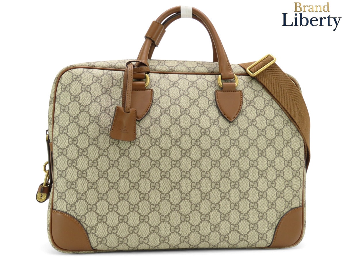 未使用グッチGUCCIGGエンブレムGGスプリームミディアムブリーフケース2WAYビジネスバッグ書類かばんベージュブラウンPVCレザー821149