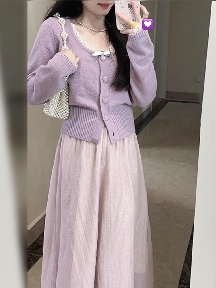 小柄なレディースニットワンピース2025年春新作韓国風ツーピースセット