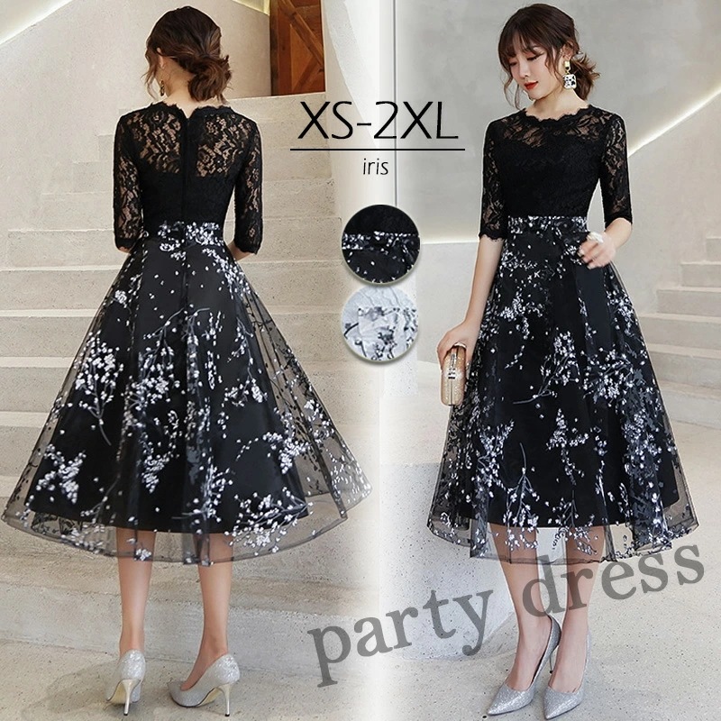 パーティードレス 結婚式 お呼ばれ 二次会 ドレス 刺繍 レース 卒業式 ミモレ丈 ワンピース 黒 同窓会 着痩せ 20代 30代 成人式 演奏会 ブラック グレー