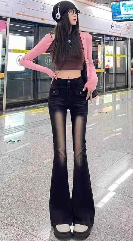 デニムパンツ レディース ボトムス タイダイ ジーンズ レトロ ハイウエスト フレア 伸縮性 スリムフィット 春秋 ブラック ブルー ホワイト 5,101円