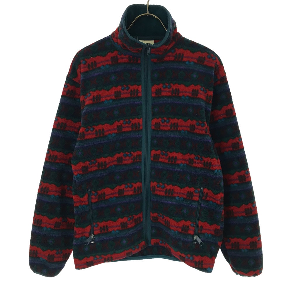 80s ヴィンテージ 総柄 フリースジャケット グリーン×レッド アウトドア メンズ