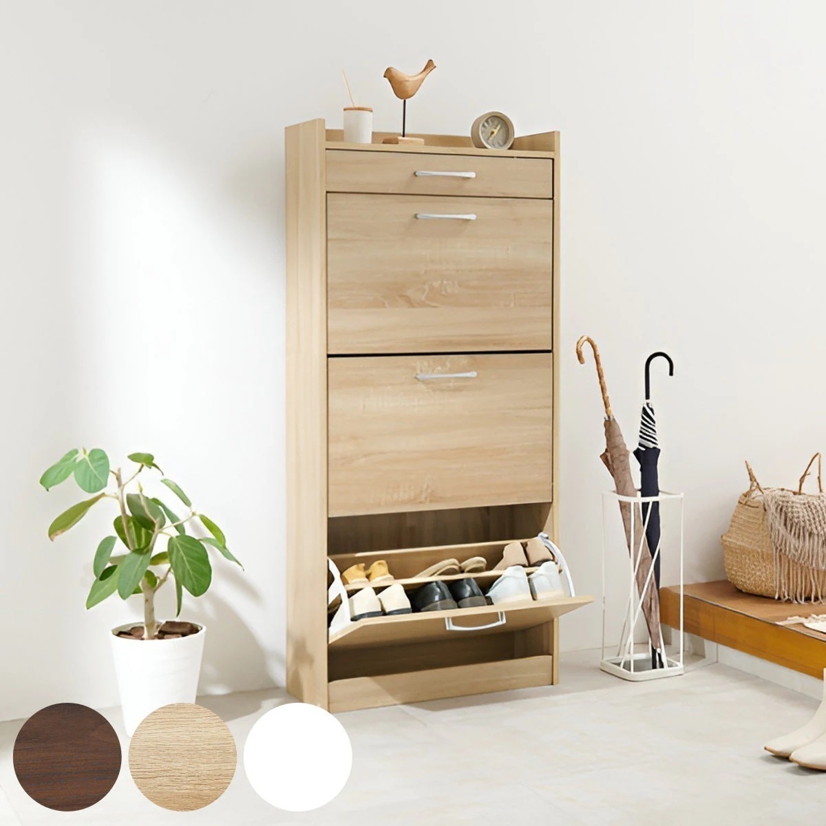 シューズラック 省 スペース 3段 高さ調節 玄関 靴収納 棚 スリム 最大18足収納 奥行24cm フラップ扉 引出し 付き 下駄箱 フラップ式 スリッパラック 玄関小物 木目 収納