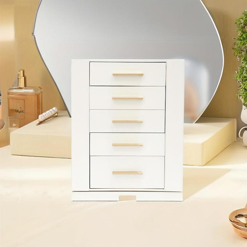 ジュエリー ボックス 360度 回転式 モダン シンプル 大容量 5段 引き出し おしゃれ かわいい 収納 アクセサリー ケース ホワイト 白