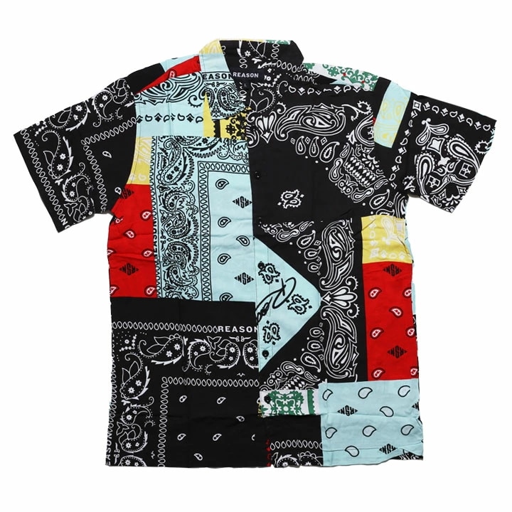 REASON 半袖シャツ メンズ 春夏用 黒 大きいサイズ リーズン 柄シャツ アロハシャツ おしゃれ 総柄 大人 ペイズリー柄 バンダナ柄 バンダナ パッチワーク