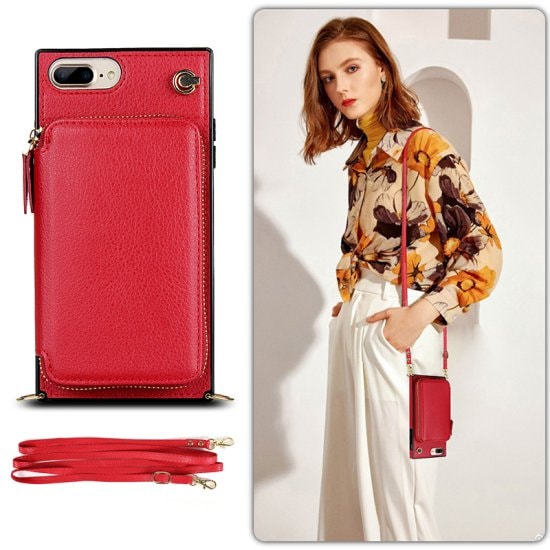 【取寄：納期2週間】iPhoneケース レディース グリーン ピンク レッド ブラック ブルー パープル無地 カード入れストラップ 保護ケース ジッパー iPhone 7 iPhone 8