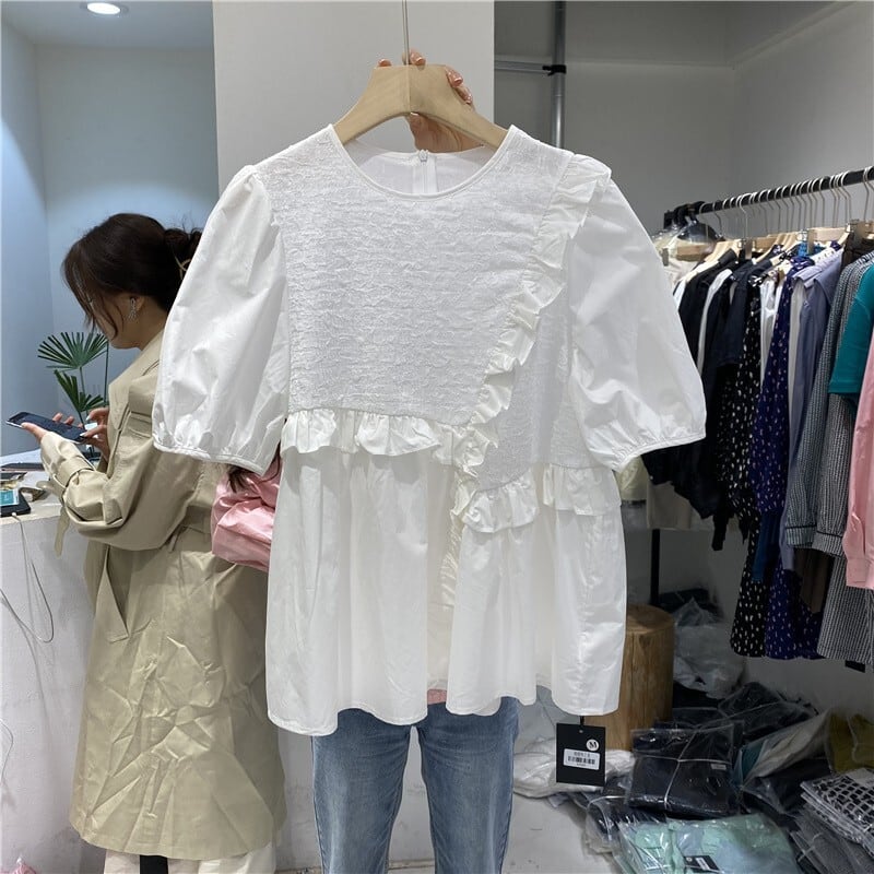 個性的 トップス シャツ ブラウス 白シャツ 白トップス 袖あり 半袖 パフスリーブ ラウンドネック フレア フリル かわいい 大人可愛い きれいめ シンプル カジュアル 大人 上品 おしゃれ wto