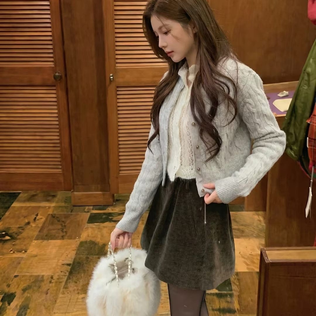 春 新作 韓国 八分丈 無地 ハイウエスト スリム コールテン スカート ショート