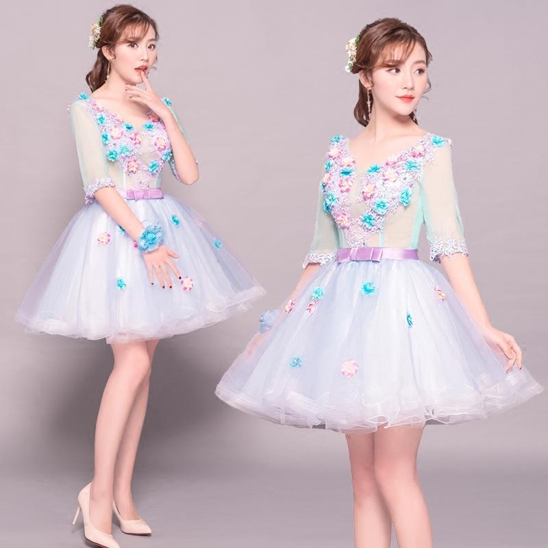 カラードレス レディース ショート 五分袖 ワンピース 公演 パーティードレス プリンセス お花 ダンスウェア コスチューム 発表会 舞台衣装 ライブ 夏 女子洋服