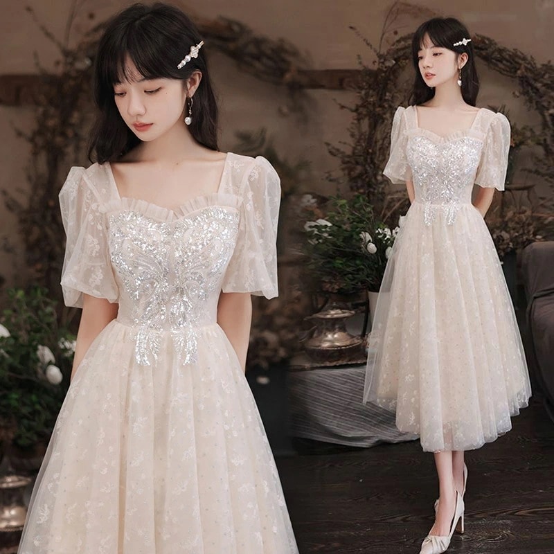 結婚式ドレス 二次会ドレス シャンパン色 スパンコール キラキラ キレイめ ミモレ丈ドレス パフスリーブ ロングドレス イブニングドレス 発表会ドレス パーティードレス Aライン ミディアム丈 ロング