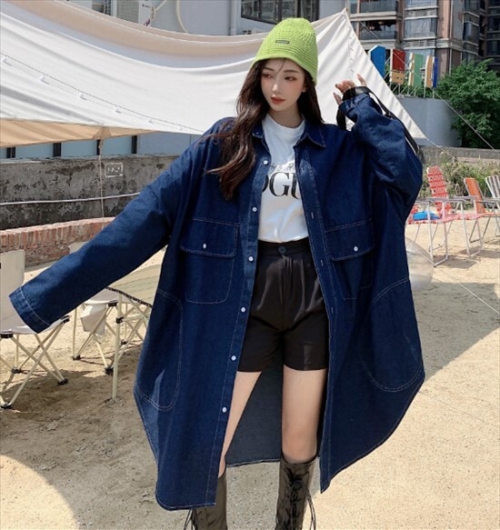 ジャケット デニム トップス アウター デニムジャケット シャツ ウィンドブレーカー カーディガン ミディアム丈 レディース 無地 秋 冬 レギュラースリーブ 前開き シングルブレスト かわいい