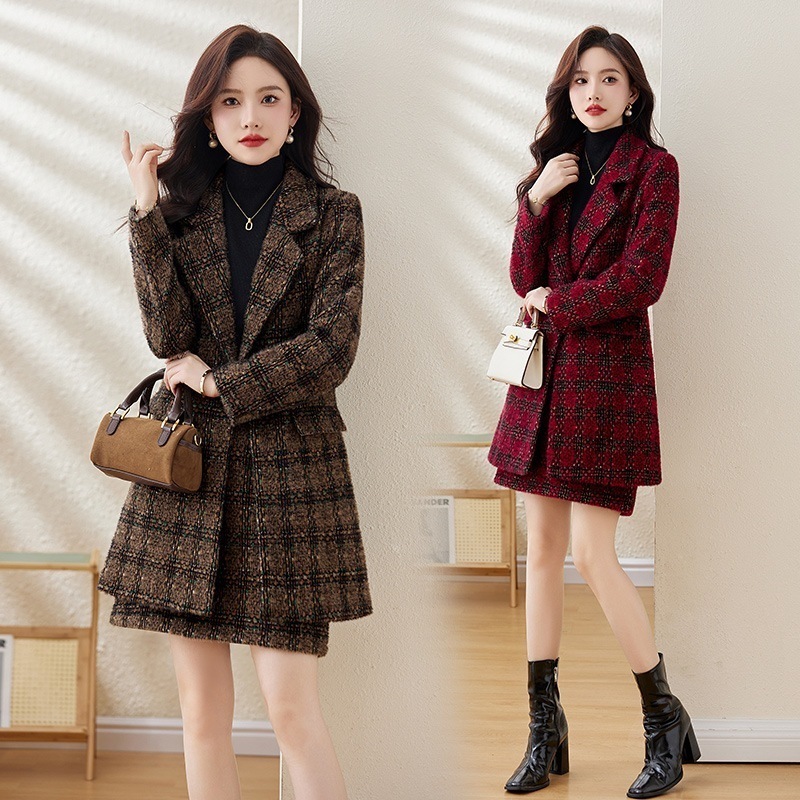 ツイードコート+スカート2点セット 冬 厚手ウール スリム高級ワンピースセット