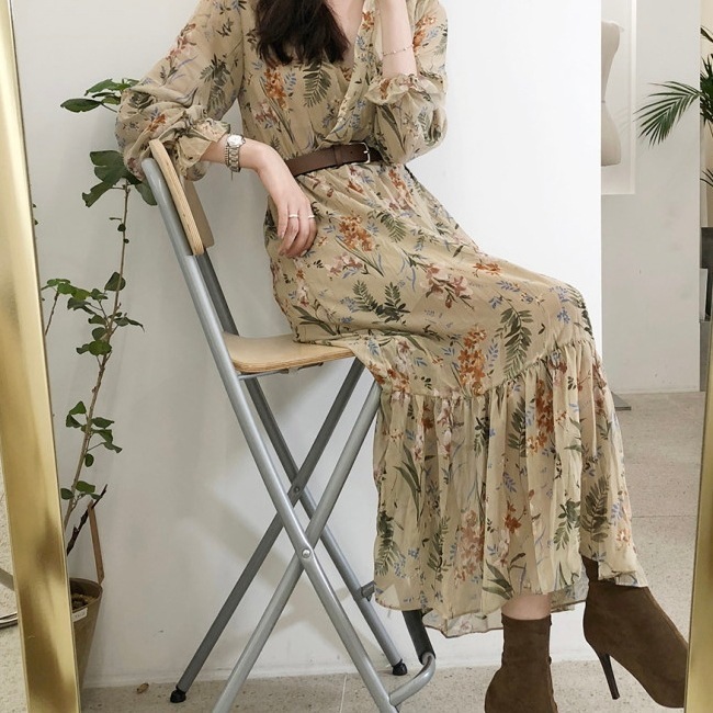 2色 レトロ風 ワンピース 長袖 秋 春夏 きれいめ かわいい aライン マキシ Aライン フレア オールインワン フレアスカート ロング ロング丈 9分丈 アンクル丈 7分丈 七分袖 ぽわん袖 ボリ