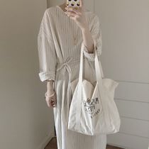 ワンピース 長袖 春夏 かわいい ロング シャツワンピース マキシ ロング ロング丈 マキシ マキシ丈 9分丈 アンクル丈 ボリューム袖 ボリュームスリーブ 袖コンシャス Uネック 襟なし ウエストマ