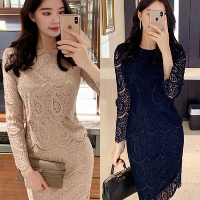 パーティードレス ワンピース ドレス 膝丈 ミモレ丈 レース 袖あり おしゃれ きれいめ 結婚式 お呼ばれ ドレス 大きいサイズ xl 2xl ラウンドネック 七分袖 透け感 スリム タイト エレガン