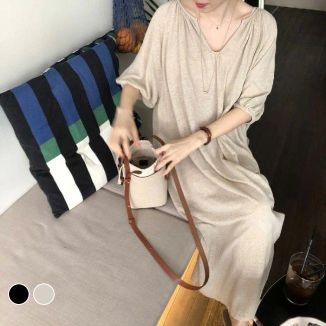 みんなの好きな ロングワンピ 五分丈袖 レディース ワンピース Vネック 夏 半袖ワンピース ゆったり マキシ丈ワンピース 5分丈袖ワンピース オーバーサイズ 抜け感 Tシャツワン