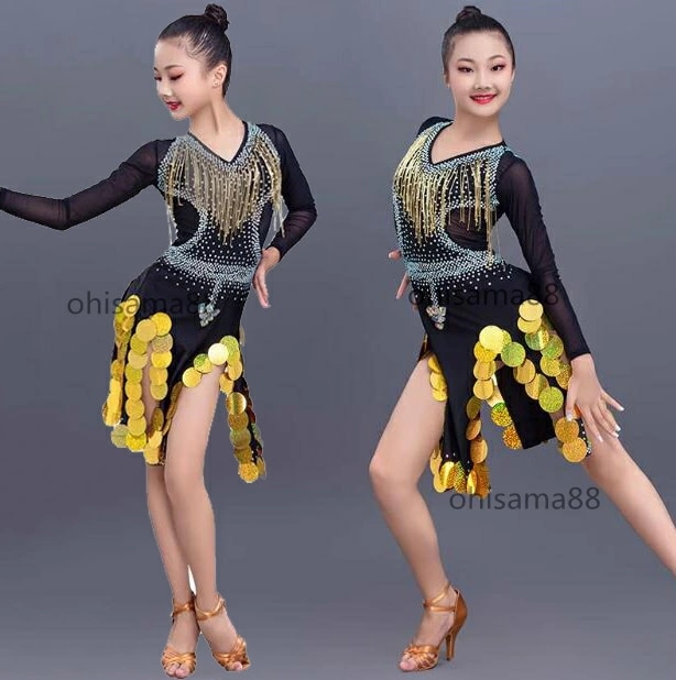 冬の大感謝祭社交ワンピース キラキラ ダンス服 ジュニア ラテン衣装 可愛い ラテンダンスウェア 演出服 子供ラテンワンピース チャチャ ラテンワンピース ラテンドレス 女の子 試験 練習着 発表会