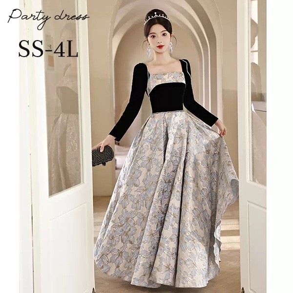 ドレス 大人 ピアノ 発表会 ロング丈 ぽっちゃり 大きいサイズ イブニングドレス 演奏会 ピアノ発表会 袖付き ワンピース Aライン ステージドレス 二次会 女子会 成人式 パーティードレス 大人可