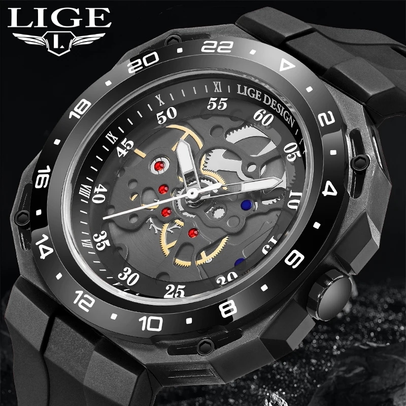 Lige-メンズホローダイヤル時計カジュアルクォーツ時計アウトドアスポーツミリタリー防水発光シリコン時計ファッション